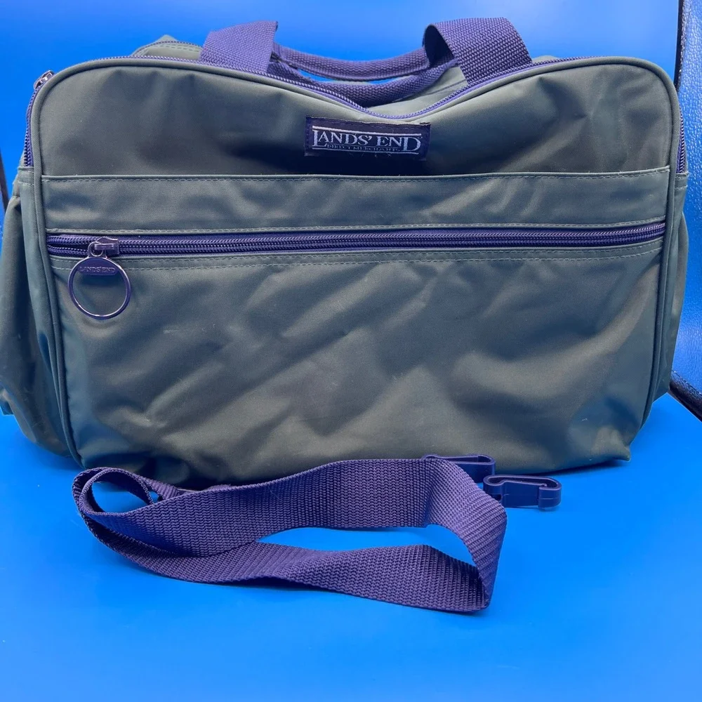 Lands End VTG Square Bag Green Navy Nylon Travel Carry On Shoulder Bag